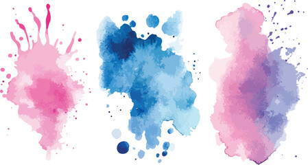 Fototapeta premium Three Watercolor Splashes in Pink Blue and Purple on White Background Ideal for Abstract Art Design Elements or Creative Projects Perfect for Adding a Touch