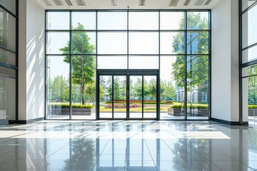 High Resolution Image of Empty Lobby of Office Building with Windows