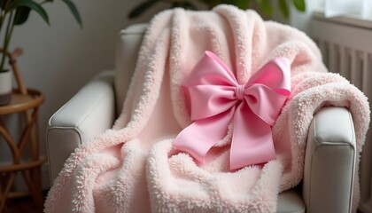Soft pink sherpa blanket draped over a cream armchair, accented by a large pink bow.