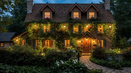 Charming ivy-covered house glows warmly at dusk, surrounded by lush flower gardens and greenery.