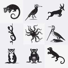A collection of hand drawn black and white animal silhouettes depicting various fauna in minimalist style