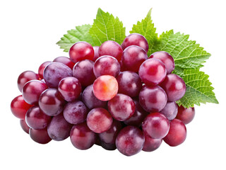 A cluster of ripe red grapes with vibrant green leaves isolated on a transparent background grape cluster