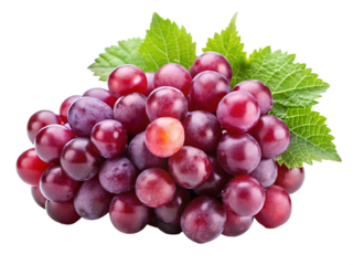 A cluster of ripe red grapes with vibrant green leaves isolated on a transparent background grape cluster