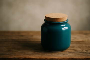 Minimalist Still Life of Teal Ceramic Container with Cork Lid on Rustic Wooden Table – Soft Natural Lighting and Neutral Background