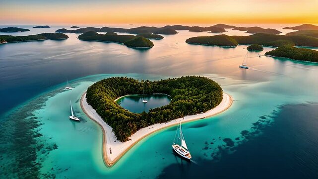 A spectacular aerial view of a tropical, heart-shaped island surrounded by crystal-clear turquoise water during a beautiful sunset. 