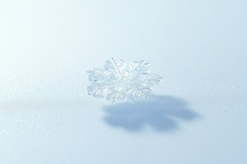 A single, delicate snowflake rests on a light blue surface, casting a subtle shadow.