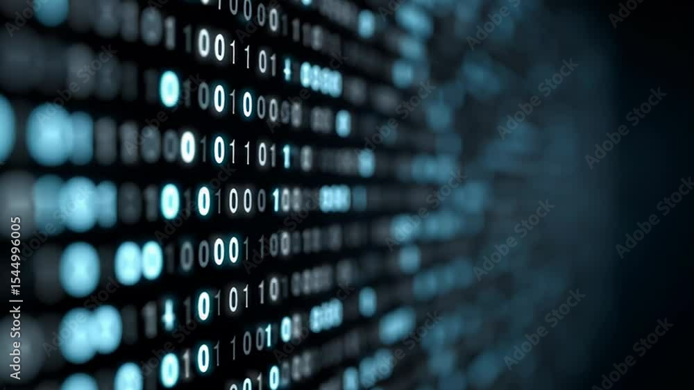 Poster digital binary code flows seamlessly in mesmerizing dark background, embodying technology