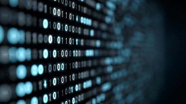 Digital binary code flows seamlessly in mesmerizing dark background, embodying technology