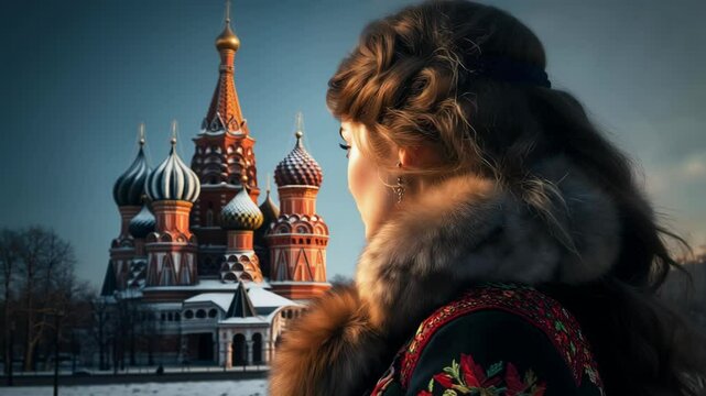 Beautiful Woman in Fur Coat near Saint Basil&rsquo;s Cathedral