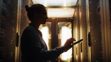 Focused it engineer in server room running diagnostics on data equipment - Powered by Adobe