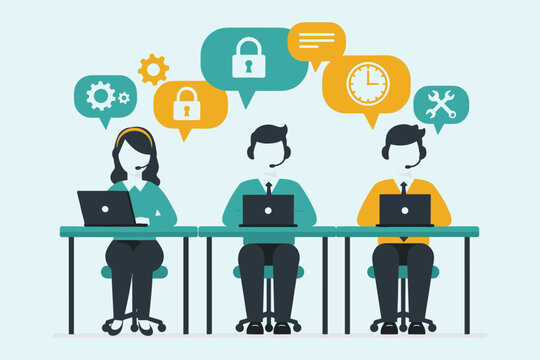 Customer service and tech support team at work, ensuring secure, efficient, and reliable assistance with timely solutions for excellent client satisfaction flat vector illustration