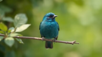 Vivid turquoise bird perched peacefully on a slender branch against a blurred backdrop of verdant green foliage in the warmth of daylight