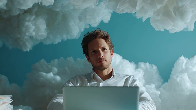 Office worker daydreams under paper clouds while surrounded by stacks of files and paperwork
