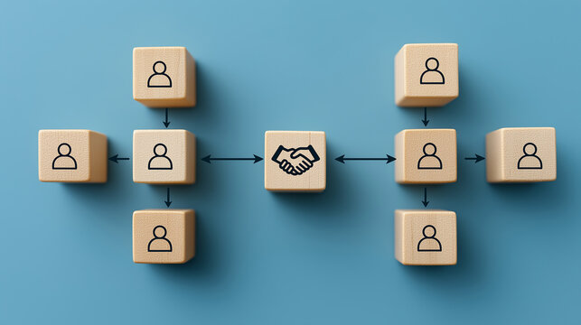 Handshake Icon on a Wooden Cube with Linked Human Icons, Representing New Business Alliance, Unified Team Dynamics, Innovative Leadership Structure and Collaborative Growth in New Corporate Hierarchy