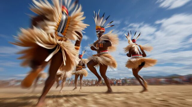 Three dancers in colorful attire showcase vibrant cultural celebration under bright sky