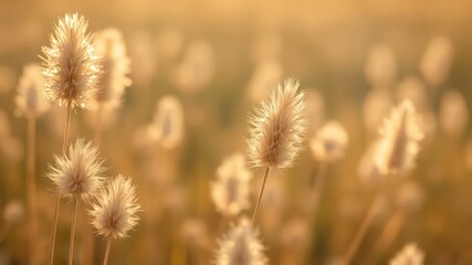 Fototapeta premium Golden hour illuminates a field of soft fluffy seed heads, creating a warm and peaceful natural landscape