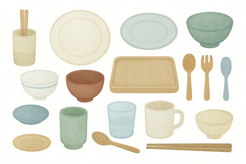 やさしい水彩風の食器のイラストセット