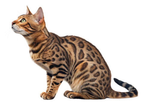 A beautiful bengal cat and kitten are isolated on transparent background