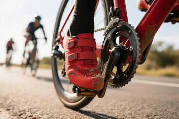 Fototapeta premium Realistic Close-Up of Cyclist Foot on Pedal During Race, High Motion Detail