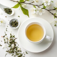Elegant scene of a cup of jasmine green tea with dried leaves and fresh white blossoms, arranged on a white surface.