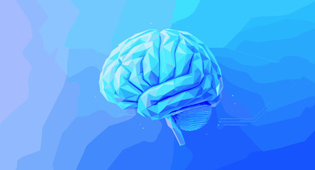 Geometric low-poly brain design in blue tones, representing artificial intelligence, digital systems, and the complexity of the human mind in a futuristic abstract style