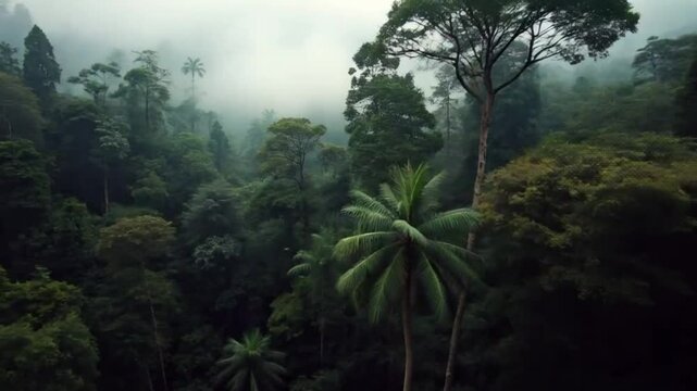 Misty rainforest with dense canopy tall trees and serene natural atmosphere