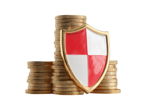 Shield in front of stacked gold coins isolated on transparent or white background, png