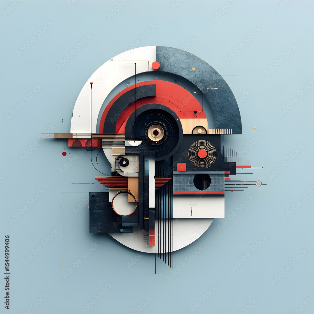 Poster abstract geometric illustration featuring circular shapes, lines, and contrasting colors, creating a