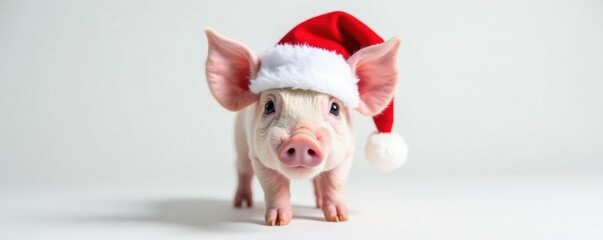 Tiny pig wearing Santa hat, against white backdrop , illustration, image, white