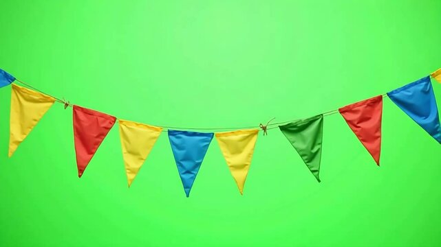 Colorful party bunting flags on green screen background, festive hanging pennant banner for celebration, vibrant triangular garland for event decoration