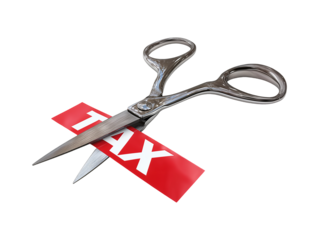 Scissors cutting tax sign isolated on transparent or white background, png