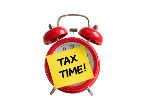 Red alarm clock with tax time note isolated on transparent or white background, png