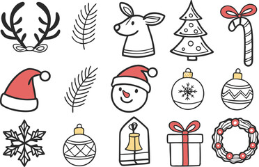 Fototapeta premium Hand drawn Christmas doodles collection featuring festive holiday illustrations and icons. Creative Christmas doodles set with fun and whimsical elements for seasonal design projects. Cute Christmas