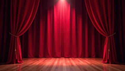 Crimson velvet curtains, single spotlight illuminates center, backdrop, theater, lighting