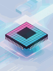Abstract futuristic microchip design with vibrant neon grid patterns and glowing elements, representing technology, innovation, and advanced digital systems in a modern 3D style