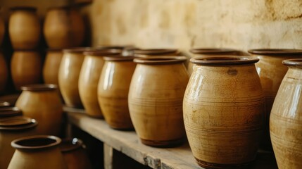Rows of rustic, handmade ceramic pots sit on wooden shelves in a warm, earthy-toned setting, showcasing traditional pottery craftsmanship.