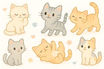 Adorable pastel colored cats in playful poses, perfect for cute pet illustrations and designs