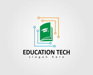 technology education logo with education guide book icon and technology box vector logo design