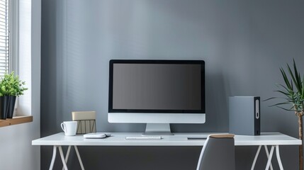 Stylish office desk setup with monitor and notebook stock photo --ar 16:9 --raw --v 6 Job ID: 70dc0dc4-a27d-411d-8dff-ba931069c197