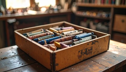 Fototapeta premium A nostalgic box of worn-down crayons with broken tips and peeled paper wrappers, captured in soft lighting to evoke childhood memories, creativity, and artistic expression.