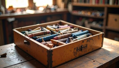 A nostalgic box of worn-down crayons with broken tips and peeled paper wrappers, captured in soft lighting to evoke childhood memories, creativity, and artistic expression.