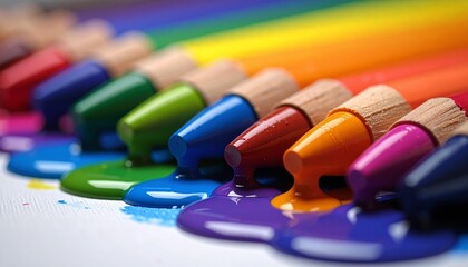 Melted crayons dripping into a vivid rainbow on canvas, captured in bold macro photography style with high contrast, showcasing vibrant color flow and artistic expression