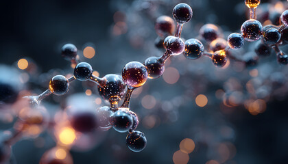 A vivid 3D illustration of molecules floating in space suggests scientific discovery, biomedical engineering, molecular communication, and futuristic health tech
