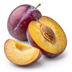 Whole and cut ripe plum showing juicy golden flesh and central pit, ideal for healthy food and fruit visuals.
