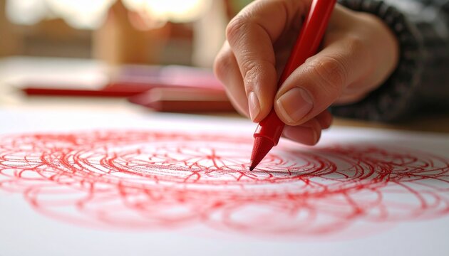Close-up of a hand drawing with a red crayon surrounded by vibrant scribbles, capturing playful energy, creativity, and the joyful spontaneity of childhood art