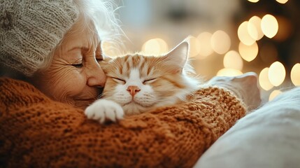 Companion friendship , old woman and Cute young white domestic feline kitten with blue eyes,
