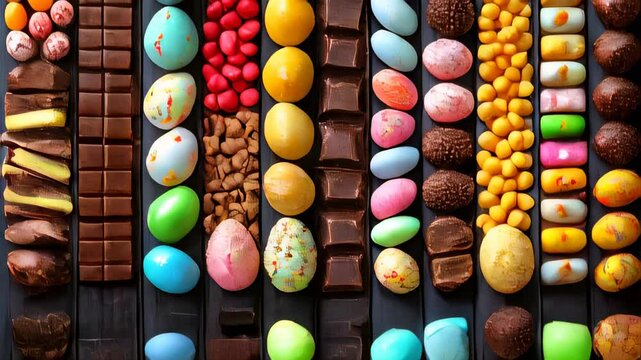 Many different types of chocolates and candy on the table easter treats