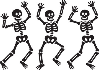 Funny skeleton silhouette set, Skeletons dancing with different positions flat style vector, Funny Halloween skeletons in different poses set, jumping, frightening