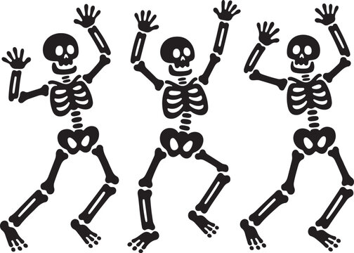 Funny skeleton silhouette set, Skeletons dancing with different positions flat style vector, Funny Halloween skeletons in different poses set, jumping, frightening