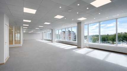 Spacious modern office interior with large windows